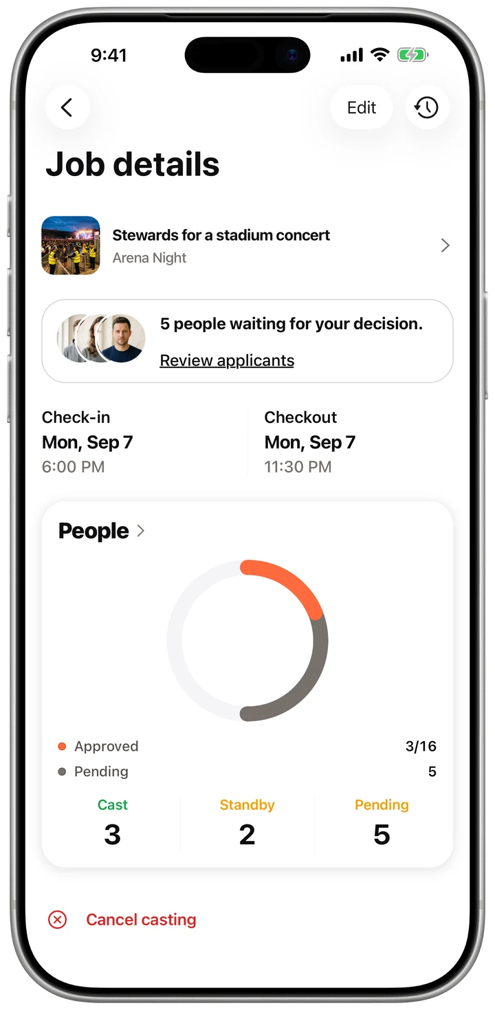 A job with job days and roles in the Casty app